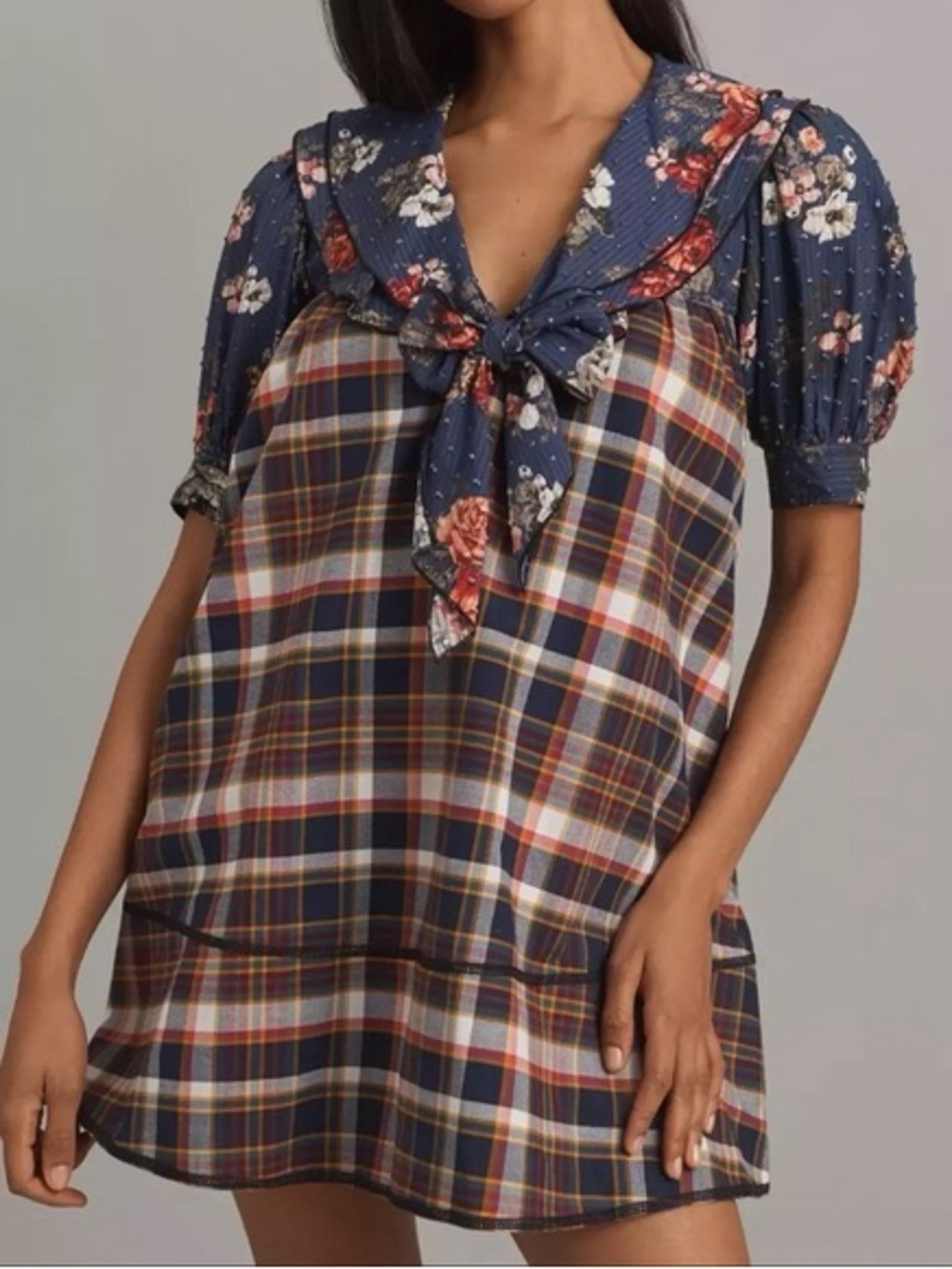 Anthropologie Pilcro fall NWT Short sleeve bow front tunic mini Plaid Dress